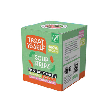 A box of Treat Yo Self Sour Stripz plant based sweets.