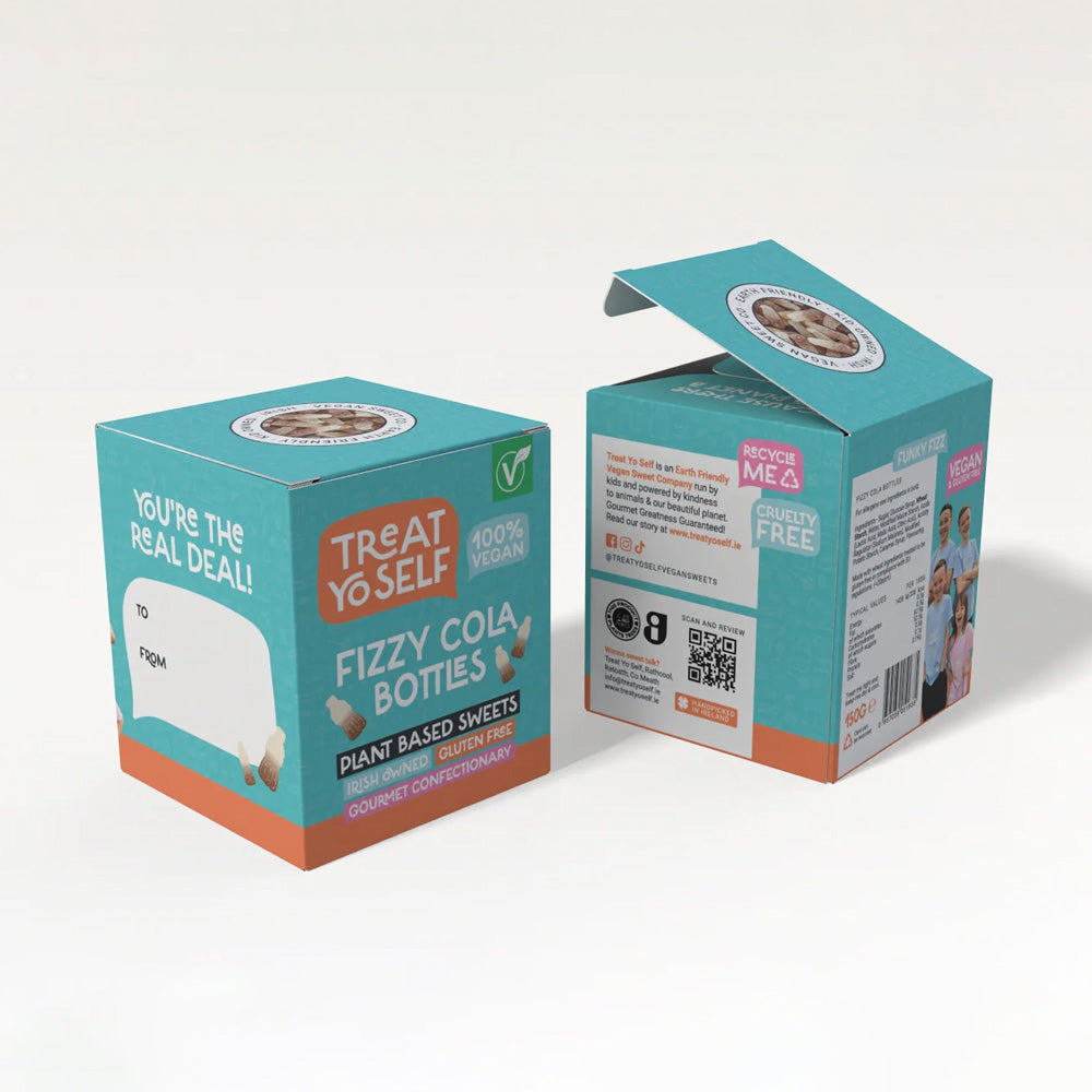 Two product boxes for Fizzy Cola Bottles plant-based sweets, shown on a clean off-white studio background.