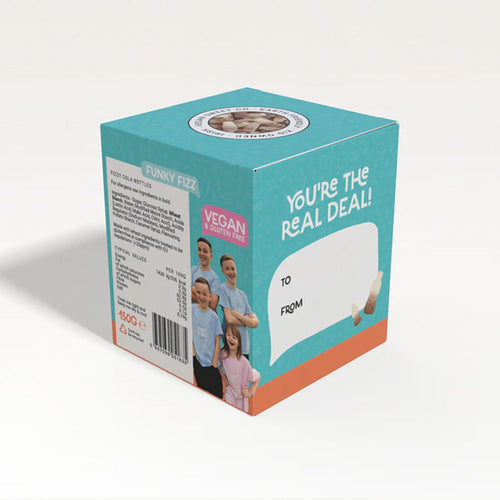 A square product box for Treat Yo Self Fizzy Cola Bottles.