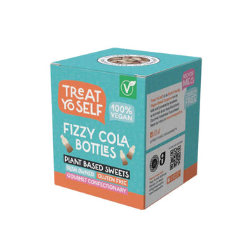A teal and orange box of Treat Yo Self Fizzy Cola Bottles vegan plant-based sweets, shown on a plain white background.