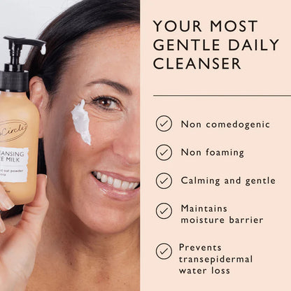 Woman applying cleanser with a bottle labeled &