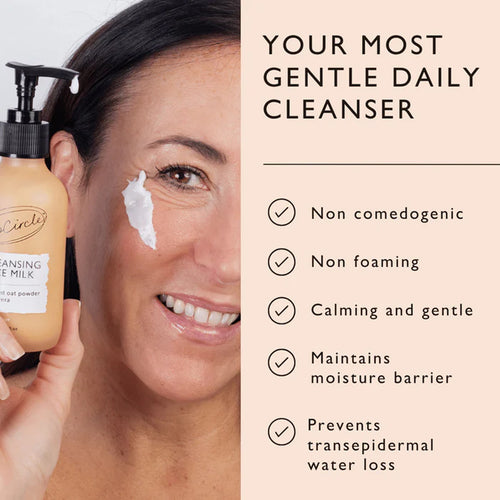 Woman applying cleanser with a bottle labeled &