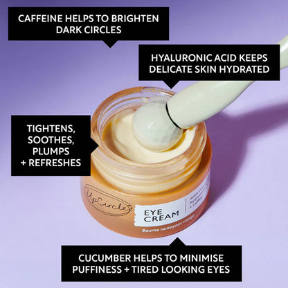 UpCircle Eye Cream with a spoonful of cream on a purple background, featuring text about ingredients and benefits.