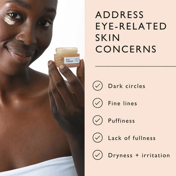 Woman holding UpCircle Eye Cream with text about addressing eye-related skin concerns.