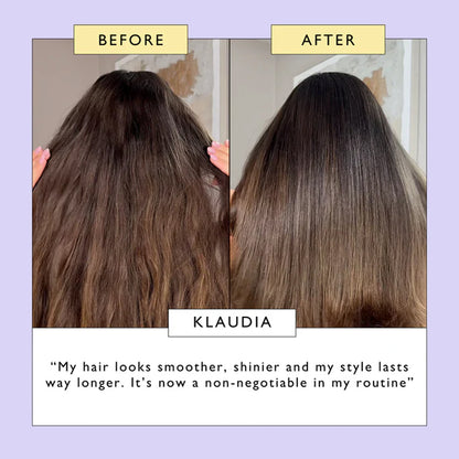Before and after comparison of hair with a visible improvement, featuring the name Klaudia.