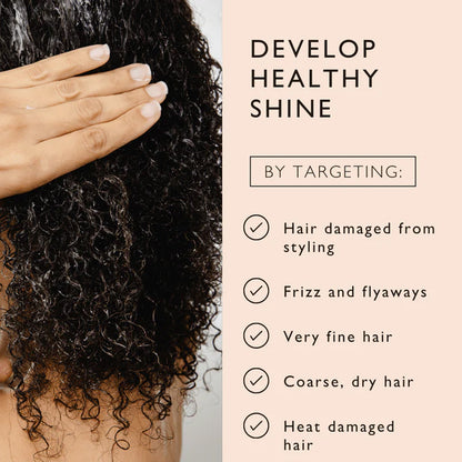 Person with curly hair holding it, alongside text on developing healthy shine with hair care tips.