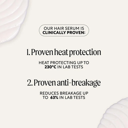 Text on a white background about hair serum with heat protection and anti-breakage claims.