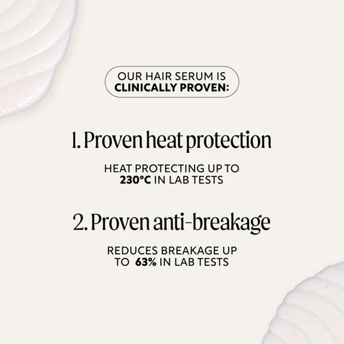 Text on a white background about hair serum with heat protection and anti-breakage claims.