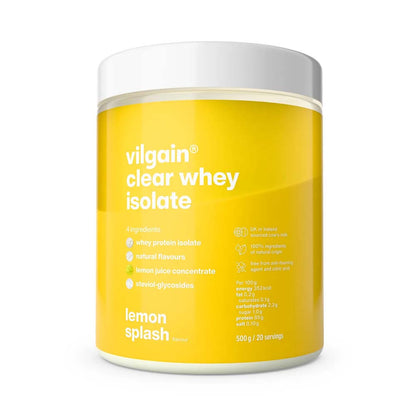 A yellow tub of Vilgain Clear Whey Isolate in lemon splash flavour