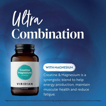 A dark amber supplement bottle labeled VIRIDIAN Creatine Magnesium Powder, set against a dark blue background with promotional text reading &