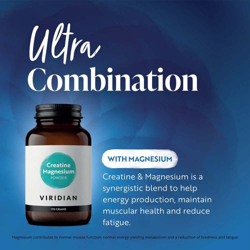 A dark amber supplement bottle labeled VIRIDIAN Creatine Magnesium Powder, set against a dark blue background with promotional text reading &