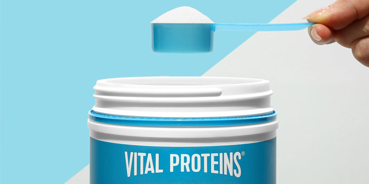 Scoop of collagen powder next to Vital Proteins tub