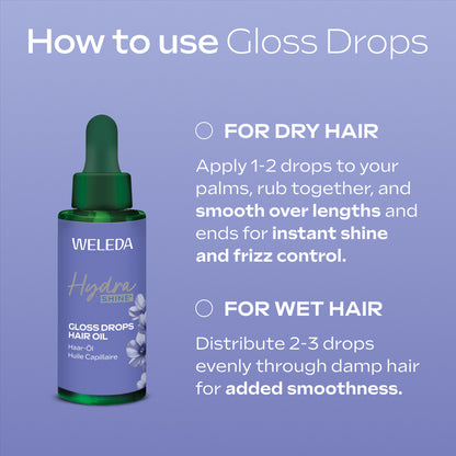 Weleda Gloss Drops hair oil bottle with usage instructions on a purple background