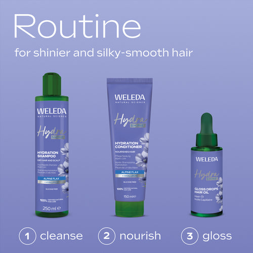 Weleda hair care products on a purple background with text &