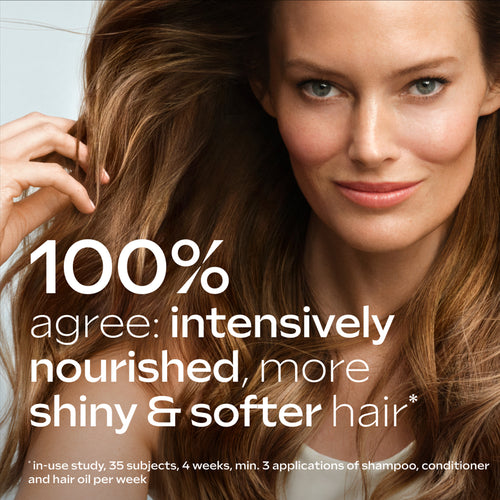 Woman with long brown hair touching her hair, with text about hair care product benefits.