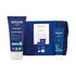 Weleda Men 3-in-1 shower gel gift set featuring a 200ml Active Fresh shower gel tube, a Moisture Cream tube, and a blue textured towel, displayed in front of a branded blue gift box on a white background.