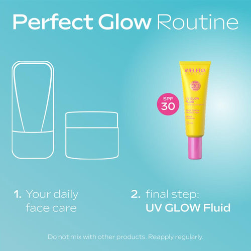 Weleda UV Glow Fluid SPF 30 on a blue background with text about a perfect glow routine.