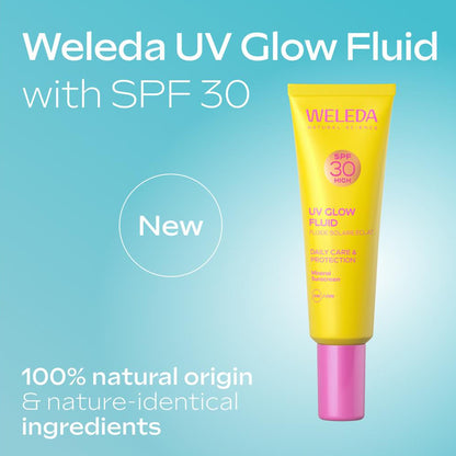 Weleda UV Glow Fluid with SPF 30 on a blue background