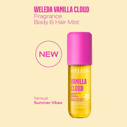 Weleda Vanilla Cloud Fragrance Body &amp; Hair Mist in a 95 ml clear bottle with a vibrant pink cap.