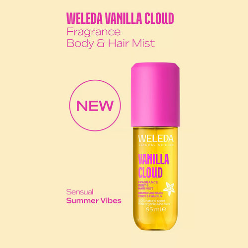 Weleda Vanilla Cloud Fragrance Body & Hair Mist in a 95 ml clear bottle with a vibrant pink cap.