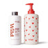 Wild Amber & Oud body wash refill set featuring a 300ml white bottle with a silver cap and a matching white pump bottle decorated with red hearts, both on a white background.