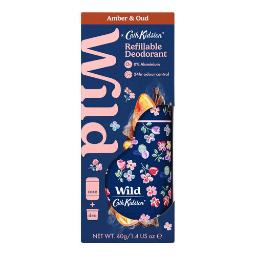 Cith Kidsten Wild Amber & Oud refillable deodorant canister in its retail packaging, featuring a dark blue background with pink floral illustrations and a clear window showing the canister inside.