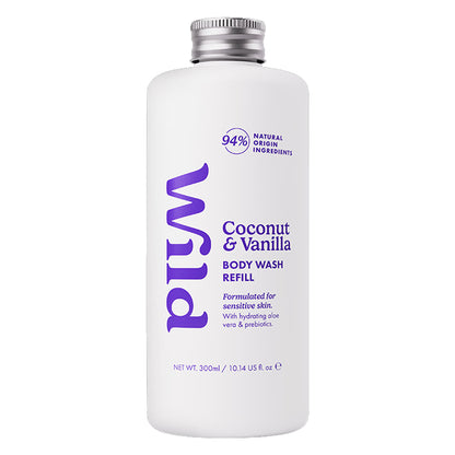 A 300ml bottle of Wild Coconut &amp; Vanilla Body Wash Refill with a silver cap, shown on a plain white background.