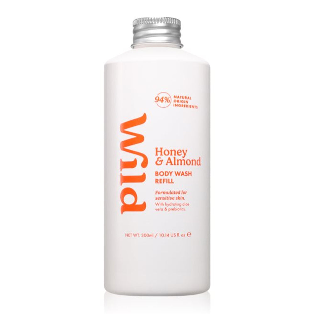 A 300ml white bottle of Wild Honey &amp; Almond Body Wash Refill with a silver cap, shown on a clean white background.
