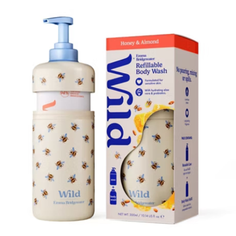 Wild Honey &amp; Almond refillable body wash bottle with a blue pump and bee pattern, shown next to its retail box.
