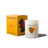 Wizard & Grace "RENEW" natural essential oil candle in a matte white jar next to its vibrant warm yellow packaging box, scented with lemongrass, lavender, and sage.