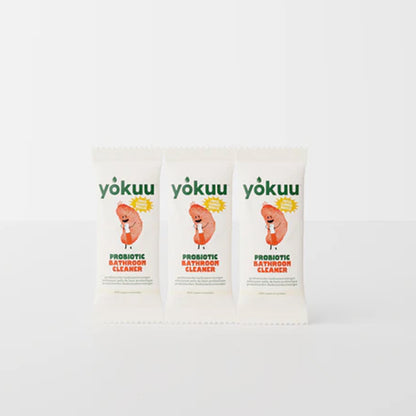 Three packets of yokuu probiotic bathroom cleaner on a white background