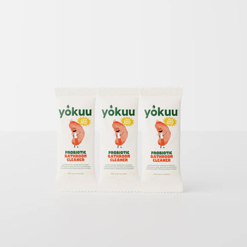 Three packets of yokuu probiotic bathroom cleaner on a white background