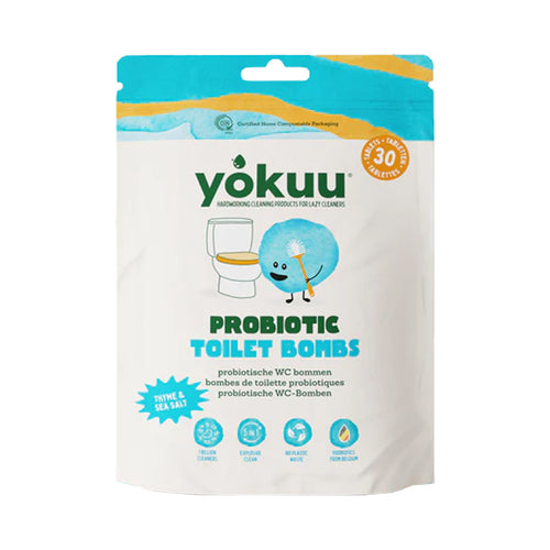 Packaging of yokuu probiotic toilet bombs on a white background