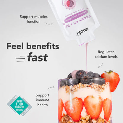 Zooki Liposomal Vitamin D3 &amp; K2 Mixed Berry with berries and on a light gray background.