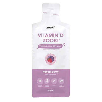 Zooki Vitamin D supplement packaging with mixed berry flavor on a white background