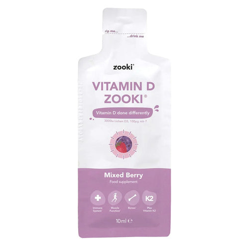 Zooki Vitamin D supplement packaging with mixed berry flavor on a white background