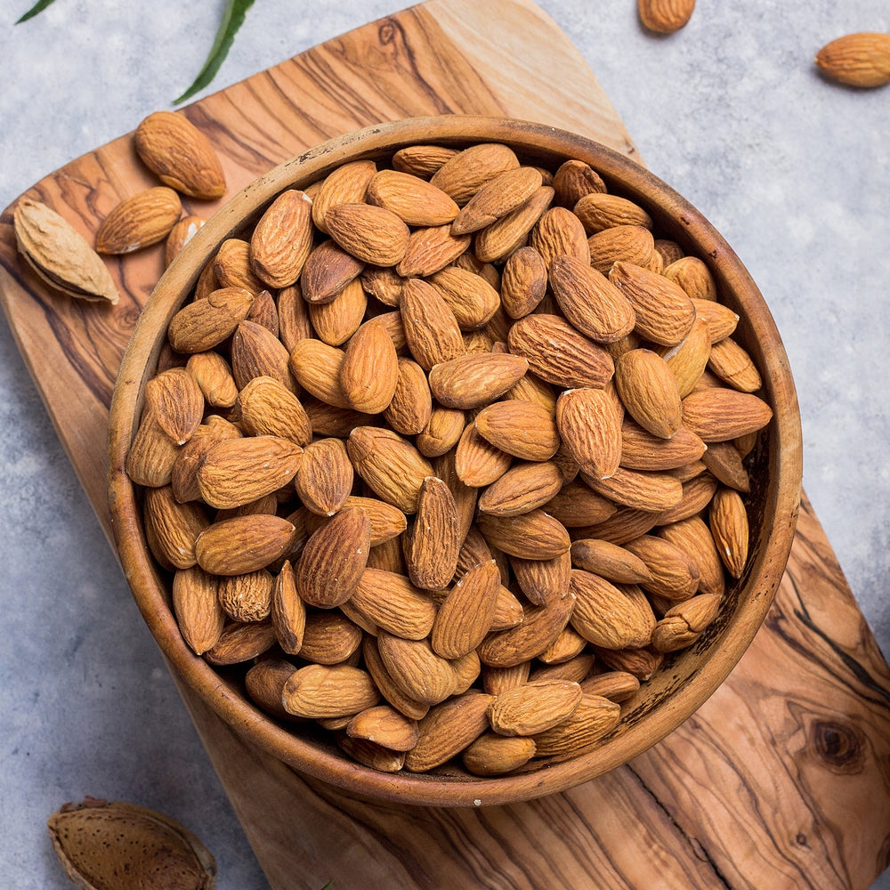 True Natural Goodness Almonds in wooden bowl
