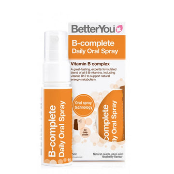 Better You B-Complete Oral Spray delivers an expert blend of all 8 B vitamins that work together to support your body’s natural energy metabolism and can help with the reduction of tiredness and fatigue. This method of delivery bypasses primary processing by the gut, opting instead to deliver directly into the bloodstream via the buccal membrane of the inner cheek.