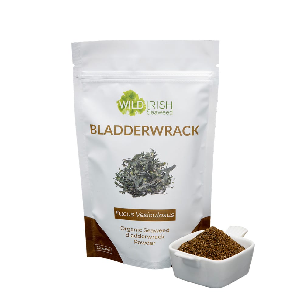Wild Irish Seaweed Bladderwrack Powder with bowl of bladderwrack