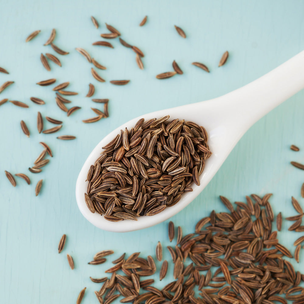 Evergreen Caraway Seeds on white spoon