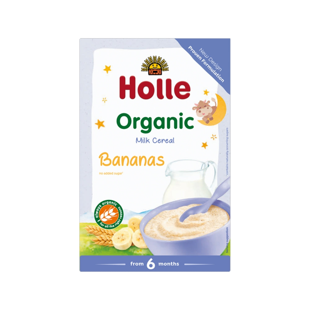 box of Holle Organic Milk Cereal with Banana