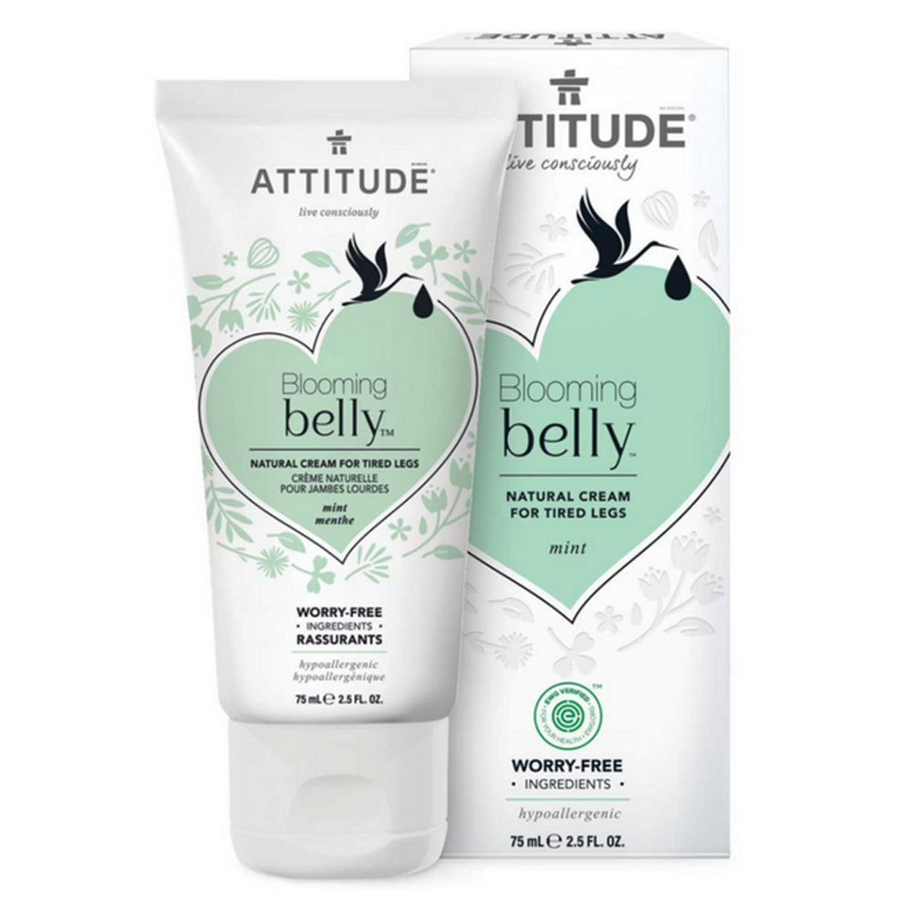tube and box of Attitude Blooming Belly Cream For Tired Legs